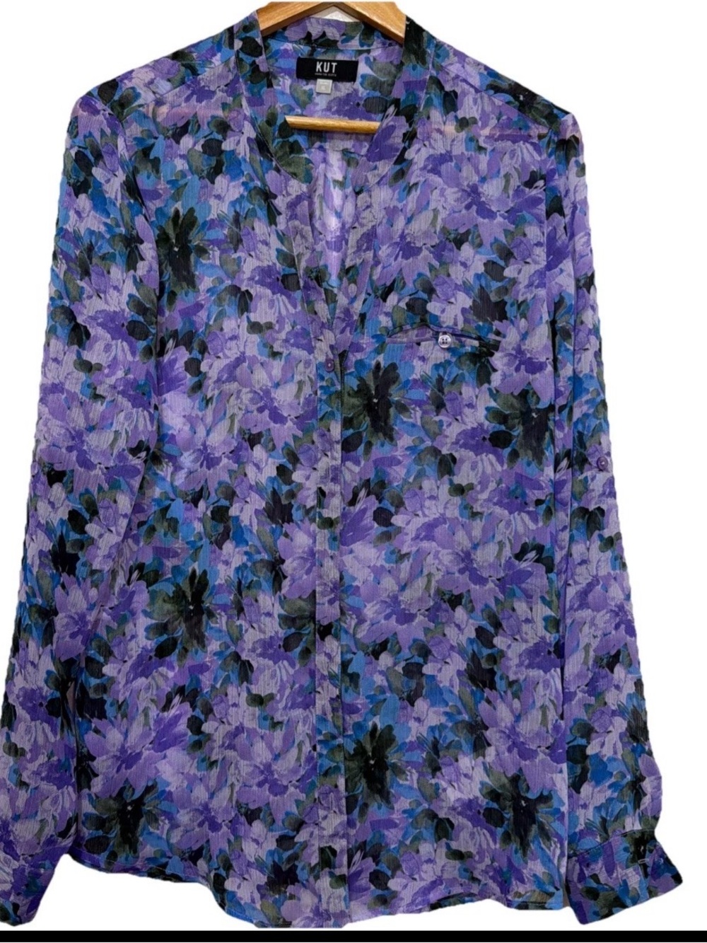 KUT from the Kloth Jasmine Floral Chiffon Button Up Blouse roll tab sleeves
